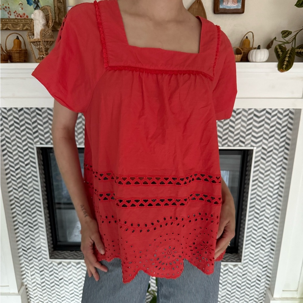 Madewell Coral Square Neck Eyelet Blouse